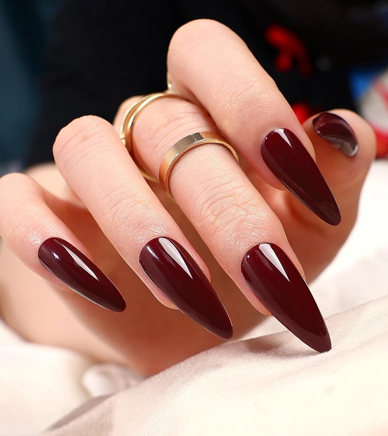 morily 24Pcs Wine Red Press on Nails Medium Length Stiletto False Nails Long Fake nails Glossy Acrylic Stick on Nails Solid Color Almond Full Cover Artificial Nails for Women (Wine Red) - Image 4